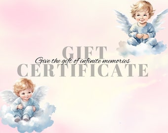 May include: A gift certificate design with a soft pink and yellow gradient background. The text "GIFT CERTIFICATE" is displayed in large, gray letters. Two cherubic angels with wings sit on clouds. The text "Give the gift of infinite memories" is also included.