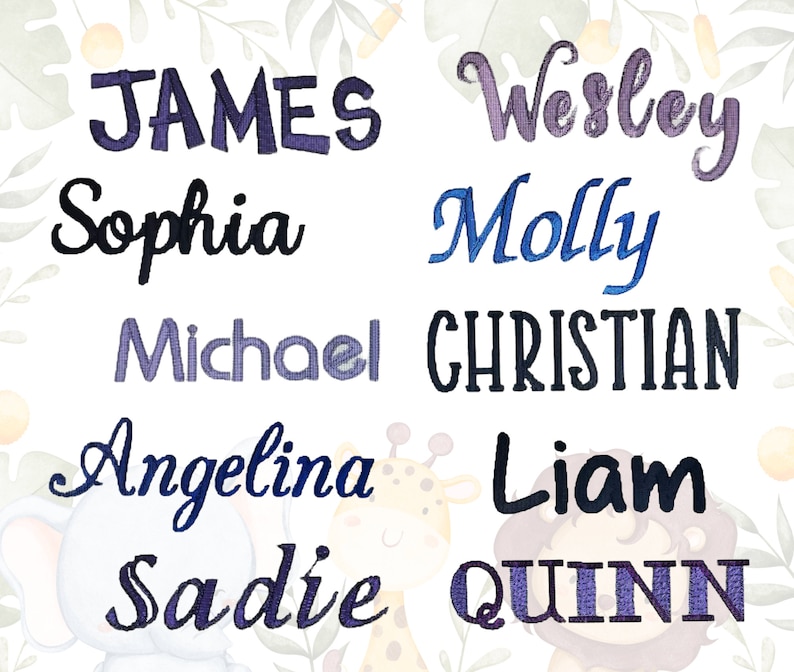 May include: A white background with a variety of names written in different colors and styles. The names are: James, Sophia, Michael, Angelina, Sadie, Wesley, Molly, Christian, Liam, and Quinn.