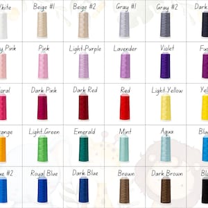 May include: A color chart of thread spools with 25 different colors, including white, beige, gray, baby pink, pink, light purple, lavender, violet, fuscia, coral, dark pink, dark red, red, light yellow, yellow, orange, light green, emerald, mint, aqua, blue #1, blue #2, royal blue, dark blue, brown, dark brown, and black.