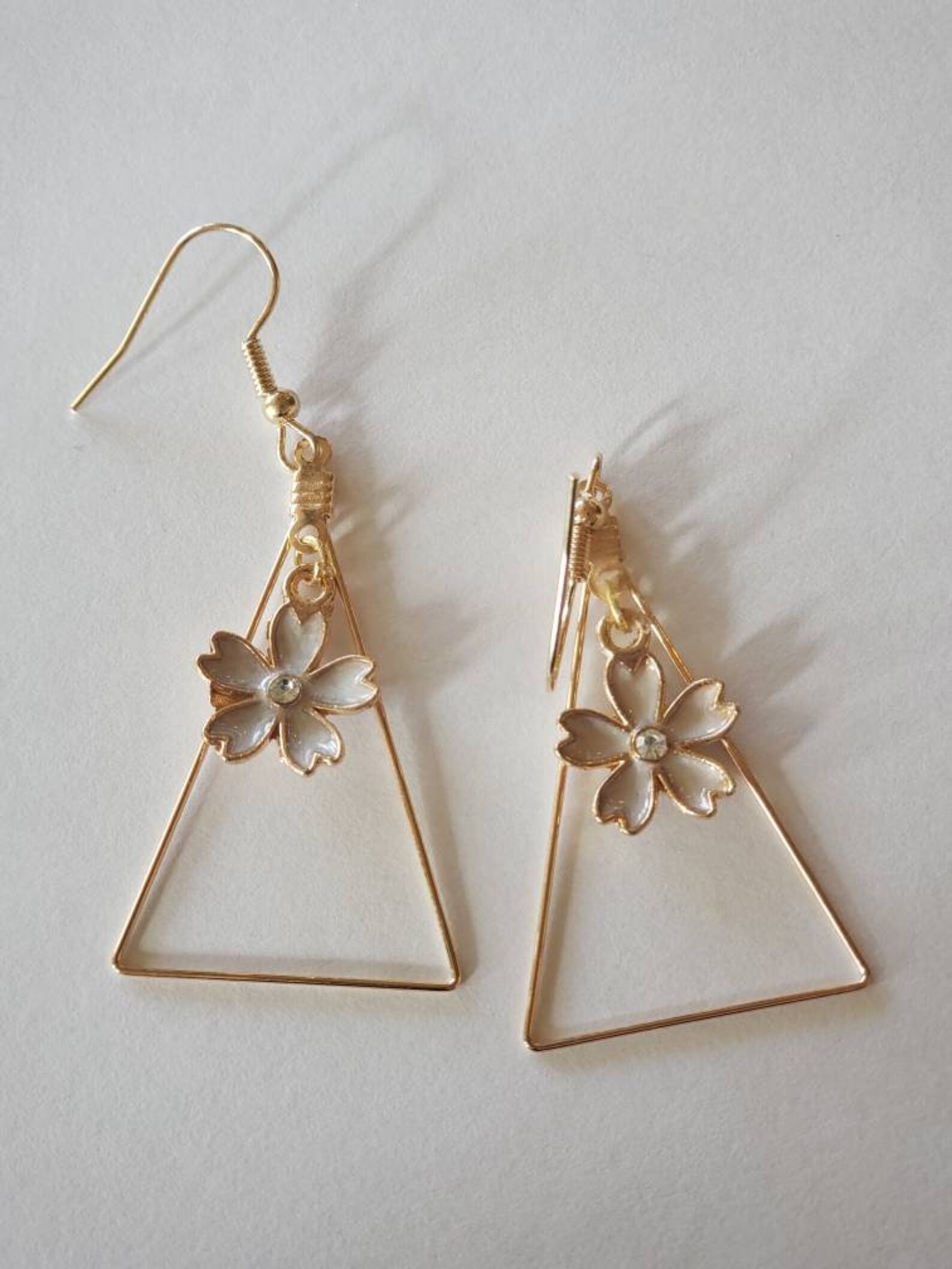Gold Triangle Drop Earrings With Flower Charm Etsy