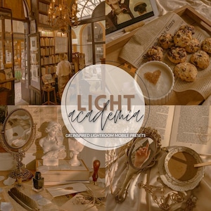 May include: A collage of images with a warm, sepia-toned aesthetic. The central image features the text "LIGHT academia" and "GRLINSPIRED LIGHTROOM MOBILE PRESETS". Other images include a library, cookies, a mirror, and a bust.