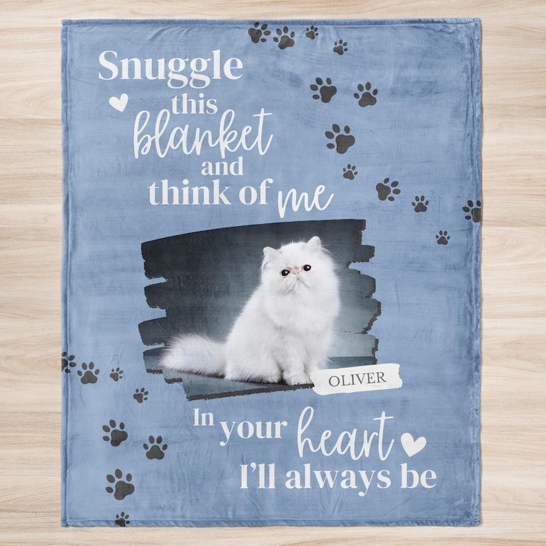 Personalized Cat Memorial Blanket, Custom Photo Pet Remembrance Gift Blue