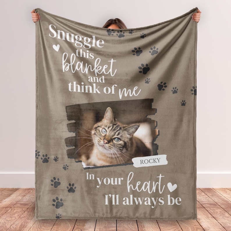 Personalized Cat Memorial Blanket, Custom Photo Pet Remembrance Gift Brown