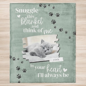 Personalized Cat Memorial Blanket, Custom Photo Pet Remembrance Gift Green