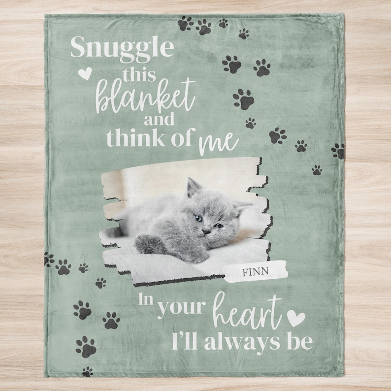 Personalized Cat Memorial Blanket, Custom Photo Pet Remembrance Gift Green