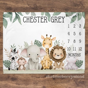 Safari Animal Milestone Blanket Personalized Baby Shower Gift Monthly Blanket for Baby Boy Month Blanket Growth Chart Custom Newborn Gift