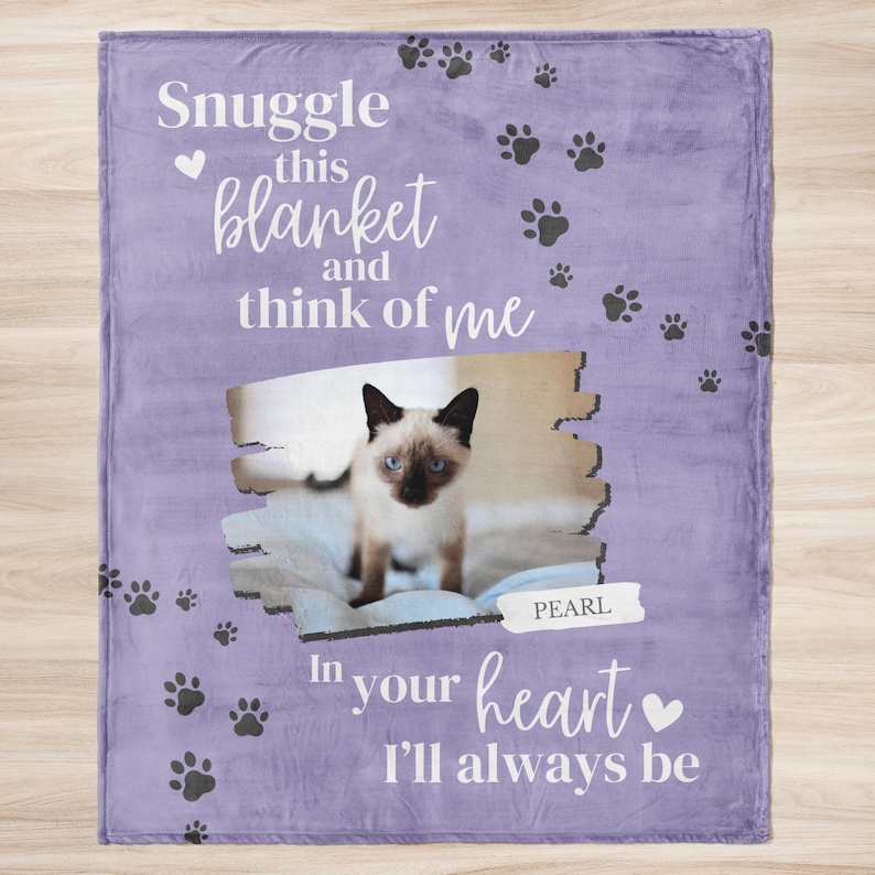 Personalized Cat Memorial Blanket, Custom Photo Pet Remembrance Gift Purple