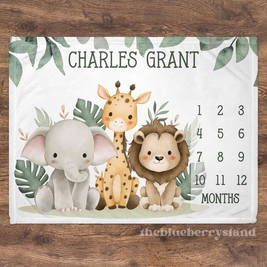 Safari Animal Milestone Blanket Personalized Baby Shower Gift Monthly ...