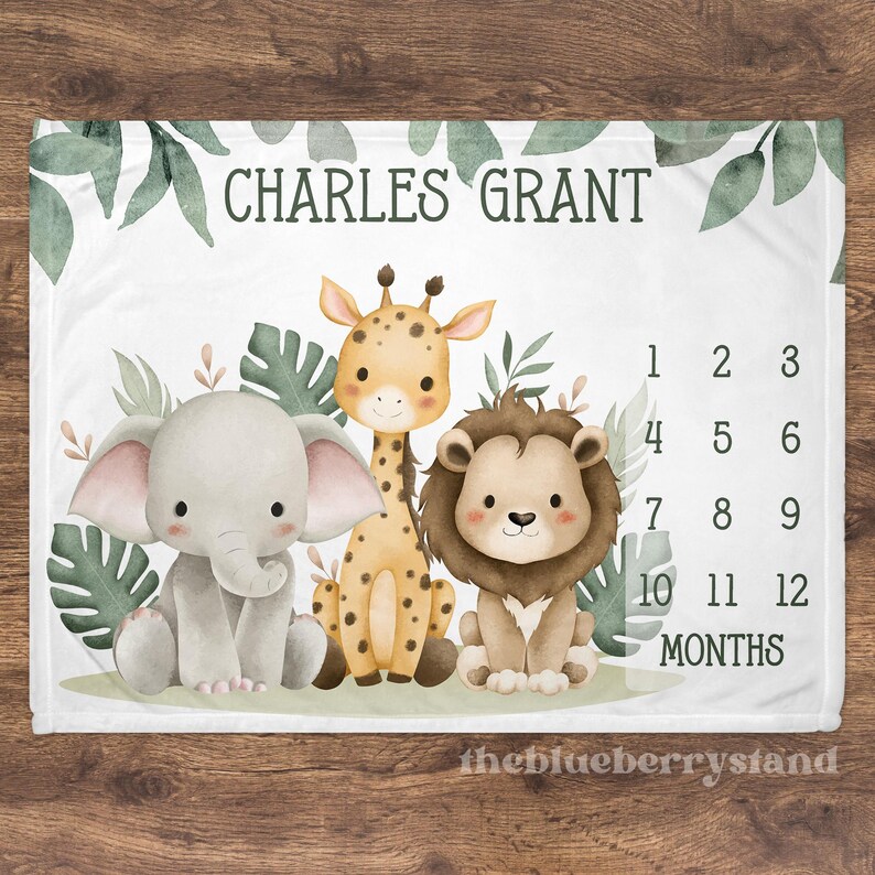 Safari Animal Milestone Blanket Personalized Baby Shower Gift Monthly ...