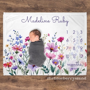 Wildflower Milestone Blanket Girl Month Blanket Personalized Baby Blanket Name Blanket Custom Baby Girl Gift Baby Shower Gift Newborn Gift