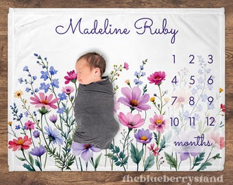 Personalized Wildflower Milestone Blanket, Baby Girl, Custom Name