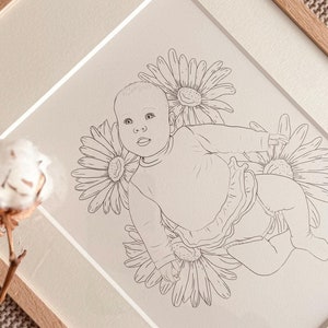 Poster personalizzato per bambini | fiore nascita | disegno a tratteggio dell'immagine reale | regalo originale