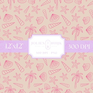 300 DPI PNG | pink beachy seashells | pink shell | Seamless Pattern | Digital Papers | pink palmtree Sea seamless patterne | sealife
