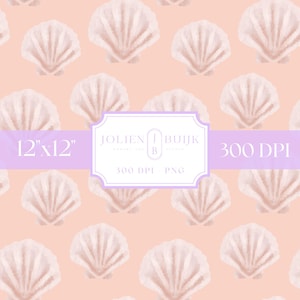 Op de afbeelding: Een herhalend patroon van lichtroze schelpen op een perzikachtergrond. De afbeelding bevat de tekst "12"x12"" en "300 DPI". Een banner met de tekst "Jolien Buijk Studio" is ook aanwezig.