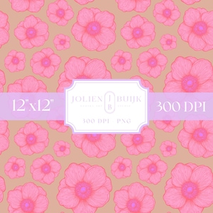 Op de afbeelding: Een naadloos patroon met roze bloemen op een lichtbruine achtergrond. Het patroon is 12 inch bij 12 inch en 300 DPI. De tekst "Jolien Buijk" staat in het midden van de afbeelding.