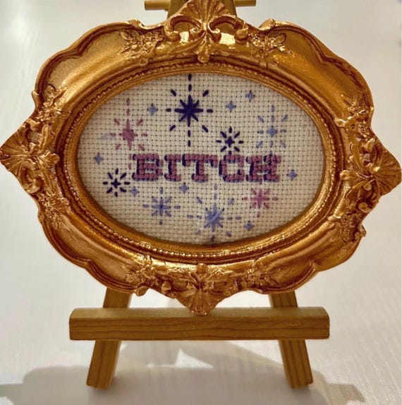 Hand-stitched sweary embroidery that turns grandma's craft into a delightfully rude wall statement — the contrast is the whole joke.