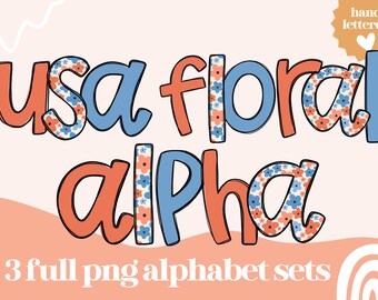 Alfa floral de EE.UU. / Letras de garabato manejadas PNG / Alfa retro americano / Letras de garabato / Letras de garabato patrióticas / Alfabeto floral PNG