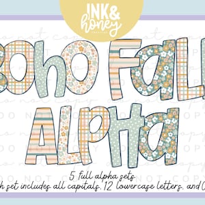 May include: Five sets of alphabet letters in a boho fall theme. Each set includes uppercase and lowercase letters, as well as numbers 0-9. The letters are decorated with floral and plaid patterns in shades of blue, pink, yellow, and brown.