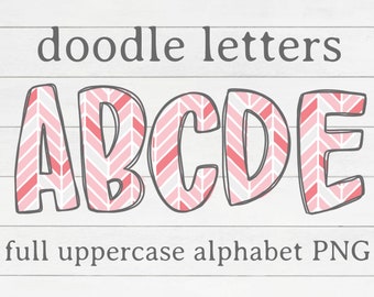 Valentines Doodle Letters, Pink Vday Alpha Pack, Hand Drawn Alphabet PNG, Doodle Letter Digital Download, Doodle Font Herringbone