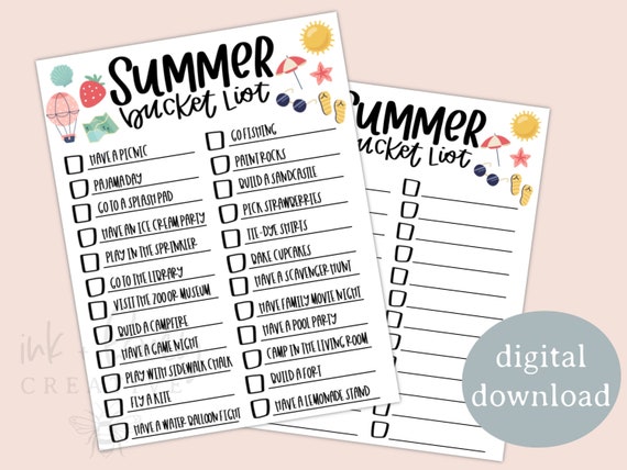 Summer Bucket List Printable Digital Download Bucket List