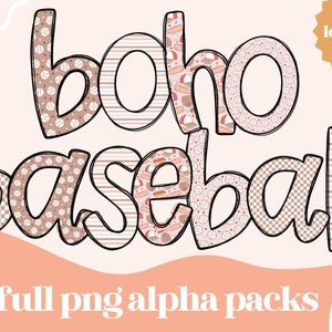 Könnte beinhalten: Boho Baseball, ein digitales Clipart-Set mit fünf vollständigen PNG-Alpha-Packs. Die Buchstaben sind mit Baseball- und Boho-Mustern in Rosa, Braun und Weiß verziert.