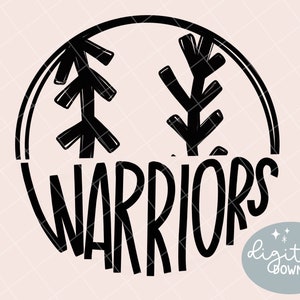 May include: Black and white graphic design of a circle with two stylised trees inside and the word "WARRIORS" written below.