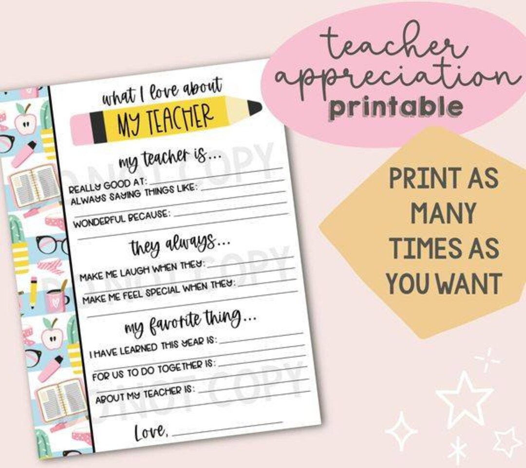 Teacher Appreciation Survey Printable, All About My Teacher, Teacher