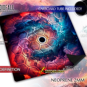 May include: A black and blue gaming mat with a galaxy design and a black hole in the center. The mat has a stitched edge and a high grip rubber back. It is made of 2mm neoprene and comes with a cardboard tube.