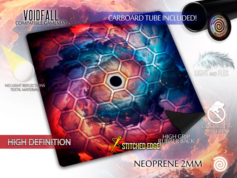 May include: A black and blue gaming mat with a galaxy design and a black hole in the center. The mat has a stitched edge and a high grip rubber back. It is made of 2mm neoprene and comes with a cardboard tube.
