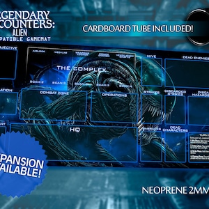 May include: A blue and black game mat featuring an alien creature graphic. The mat is divided into sections with labels including "Objective", "Location", "Combat Zone", "Operations", "Striker", "Discarded Strikes", "Discarded Hazards/Events", "Dead Enemies", "Barracks", "Dead Characters", "HQ", "Sergeant", "Hive", "Airlock", "Med-Lab", "Scan 1", "Scan 2", "Scan 3", "Scan 4", and "The Complex". The mat is made of neoprene and is 2mm thick. The text "Expansion Available!" is in a blue starburst shape in the bottom left corner. The text "CARDBOARD TUBE INCLUDED!" is in the top right corner.
