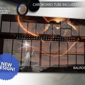 May include: A rectangular playmat for LOTR:LCG featuring a Balrog and wizard illustration with a numbered track and designated card zones. The mat includes a black cardboard tube. Text on the mat reads: LOTR:LCG COMPATIBLE PLAYMAT, CARDBOARD TUBE INCLUDED!, NEW DESIGN!, and BALROG.