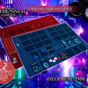 May include: Two game mats for the Android Netrunner board game. The mats are blue and red with a futuristic design. The text "Android Netrunner Gamemat" and "Corp" are visible on the mats. The mats are made of 2mm neoprene and come with a cardboard tube.