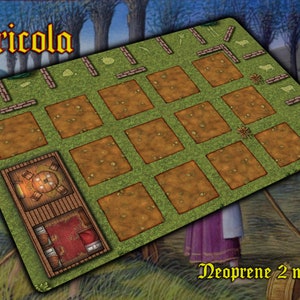 May include: A green and brown Agricola game mat with a brown wooden house and 16 brown fields. The mat is made of 2 mm neoprene.