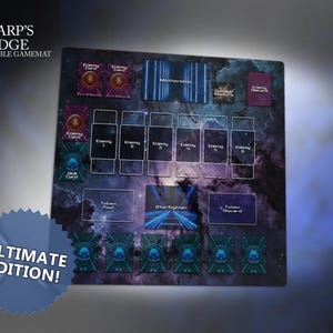 May include: A rectangular game mat with a space theme, featuring card slots and labeled areas for gameplay. The mat includes the text "WARP'S EDGE COMPATIBLE GAMEMAT" and "ULTIMATE EDITION!" in a blue circular badge.