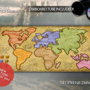 May include: A Risk game mat made of 2mm neoprene, compatible with the Risk board game. The mat features a world map with continents and countries in different colors. The mat is rolled up in a cardboard tube. The text "RISK COMPATIBLE GAMEMAT" and "CARDBOARD TUBE INCLUDED!" is printed on the mat. The text "NEW EDITION! 1 AUGUST 2024" is printed on a red starburst sticker. The text "NEOPRENE 2MM" is printed on the bottom of the mat.