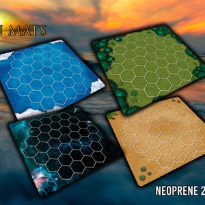 May include: Four different Catan game board mats. The mats are made of 2mm neoprene and feature different designs: ocean, space, forest, and desert. The mats are all square and have a hexagonal grid pattern.