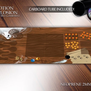 May include: A brown wooden game mat with a white ghost, a potion bottle, a blue and gold orb, and a scroll with paw prints. The mat is labelled "Potion Explosion Compatible Gamemat" and "Neoprene 2mm".