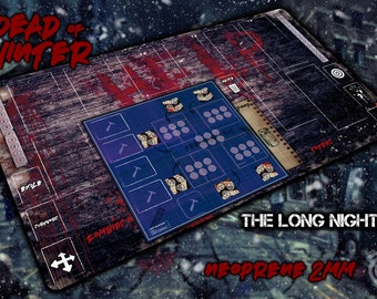 May include: A blue and white game mat with a wooden background. The mat has a grid with circles and a section for tracking zombies. The text "Dead of Winter" and "The Long Night" are printed on the mat. The mat is made of 2mm neoprene.