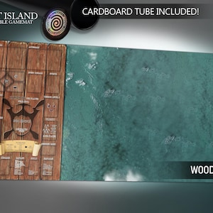 May include: A Spirit Island compatible game mat with a wood-grain design on the left and a turquoise ocean design on the right. The mat includes the text "WOOD LEFT" and "CARDboard tube included!" The mat also features a logo and other graphics.