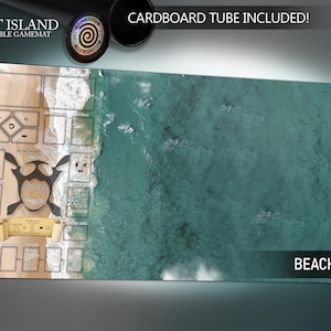 May include: Spirit Island compatible game mat with a beach-themed design. The mat features a detailed layout with spaces for cards and tokens, and the text "Beach Left". Includes a cardboard tube for storage.