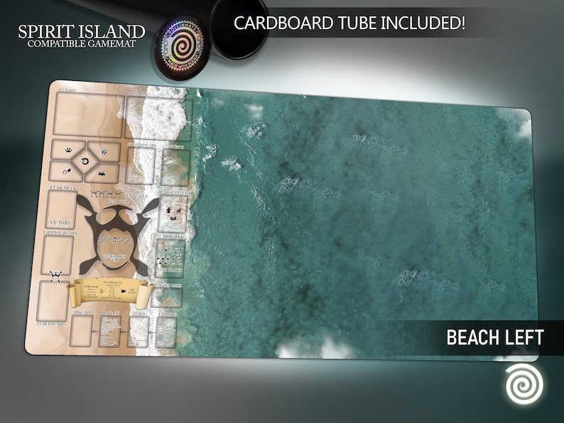 May include: Spirit Island compatible game mat with a beach-themed design. The mat features a detailed layout with spaces for cards and tokens, and the text "Beach Left". Includes a cardboard tube for storage.