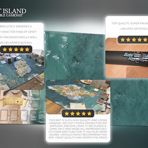 May include: A Spirit Island compatible game mat with a detailed map design. The mat features text that reads "Spirit Island Compatible Gamemat" and customer reviews. The mat is rolled up and has the text "Made With Mana" on it.