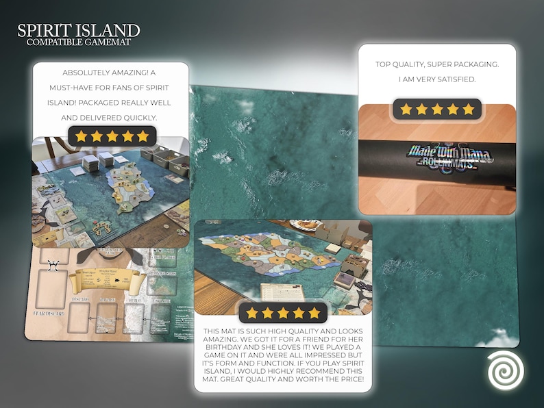 May include: A Spirit Island compatible game mat with a detailed map design. The mat features text that reads "Spirit Island Compatible Gamemat" and customer reviews. The mat is rolled up and has the text "Made With Mana" on it.