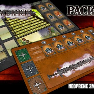 Puede incluir: Dos tableros de juego Mage Knight, Pack 2A, con ranuras para cartas y elementos de juego. Los tableros son marrones y grises, con las palabras "Mage Knight" y "Neoprene 2MM" visibles. La imagen incluye una espada y un dragón.