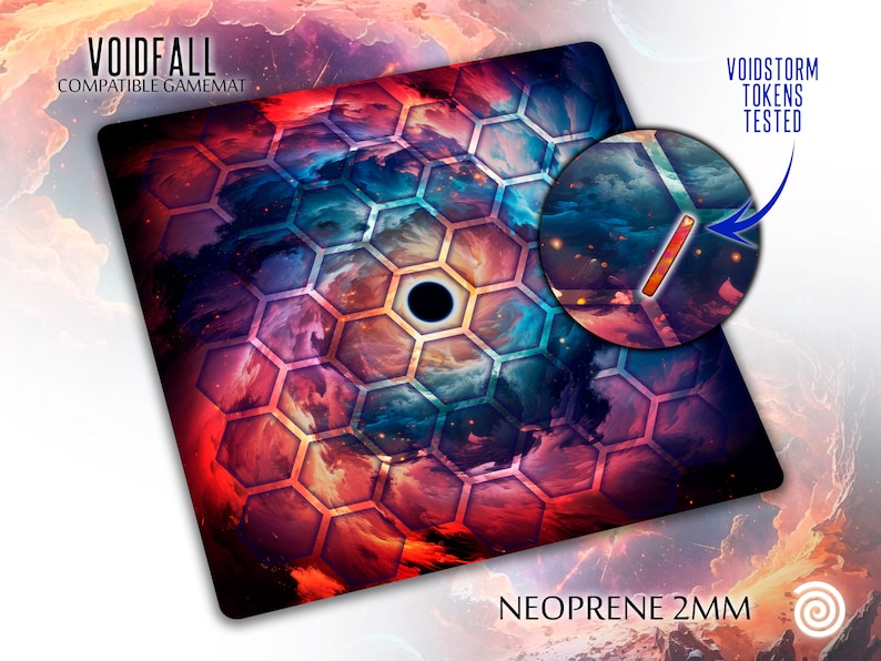 May include: A black and red gaming mat with a hexagonal grid pattern and a swirling nebula design. The mat is made of 2mm neoprene and is compatible with Voidstorm tokens. The text "VOIDFALL COMPATIBLE GAMEMAT" and "NEOPRENE 2MM" are printed on the mat.