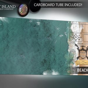 May include: A Spirit Island compatible game mat with a beach scene. The mat features a turquoise ocean and a sandy beach with game play areas. Text includes "Spirit Island Compatible Gamemat", "Beach Right", and "Cardboard Tube Included!"