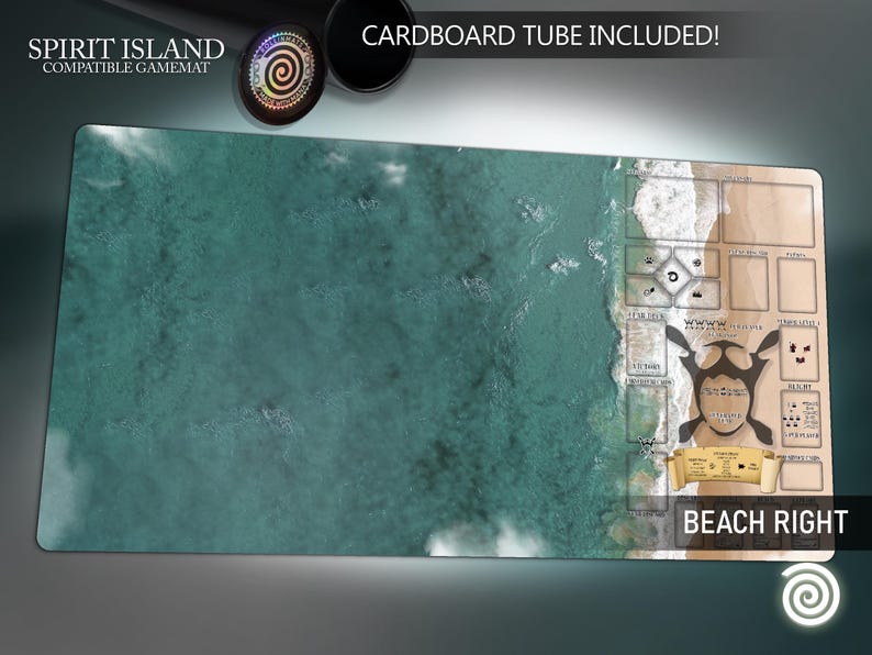 May include: A Spirit Island compatible game mat with a beach scene. The mat features a turquoise ocean and a sandy beach with game play areas. Text includes "Spirit Island Compatible Gamemat", "Beach Right", and "Cardboard Tube Included!"