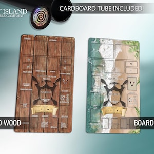 May include: Two Spirit Island compatible game mats, one with a wood board design and the other with a beach design. Both mats feature a central emblem and text. The mats are accompanied by a cardboard tube. The text "CARDBOARD TUBE INCLUDED!" is visible.