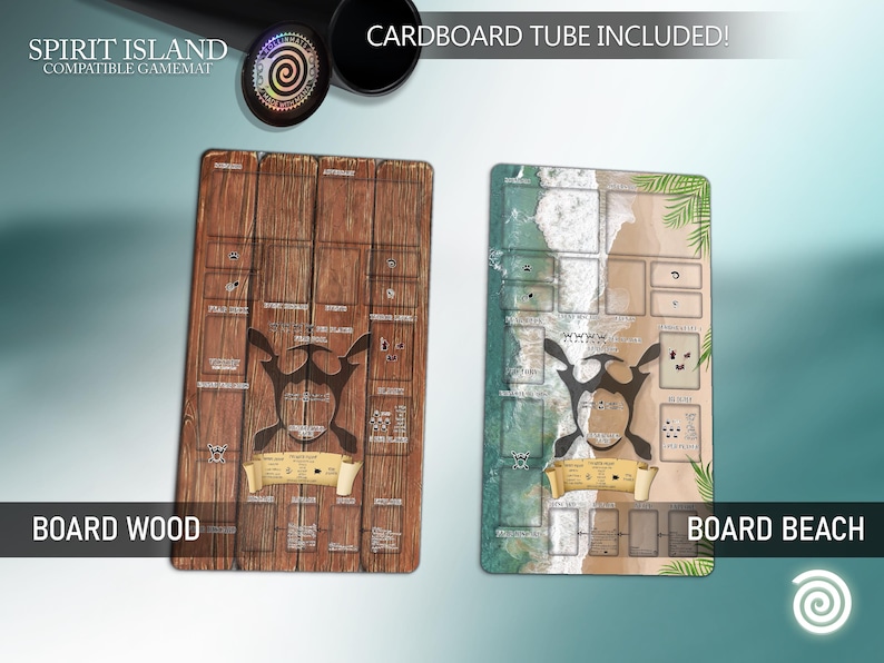 May include: Two Spirit Island compatible game mats, one with a wood board design and the other with a beach design. Both mats feature a central emblem and text. The mats are accompanied by a cardboard tube. The text "CARDBOARD TUBE INCLUDED!" is visible.