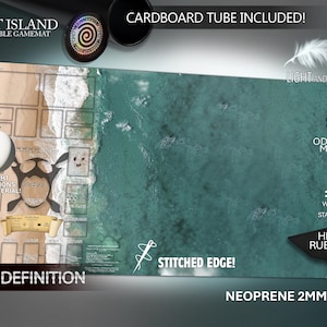 May include: A high-definition Spirit Island compatible gamemat with a beach and ocean design. Features include a stitched edge, high-grip rubber back, and is waterproof and stain-resistant. Includes a cardboard tube. The mat is made of 2mm neoprene.